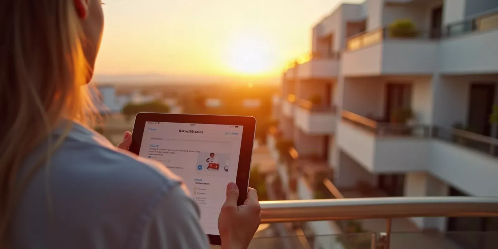 Propietario con tablet en balcón de apartamento mediterráneo en Alicante registrando su alquiler