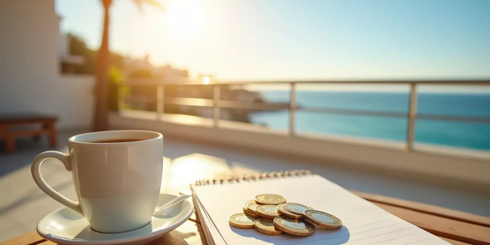 Terraza mediterránea con vistas al mar en Alicante, café y monedas de euro: coste de vida en la Comunitat Valenciana