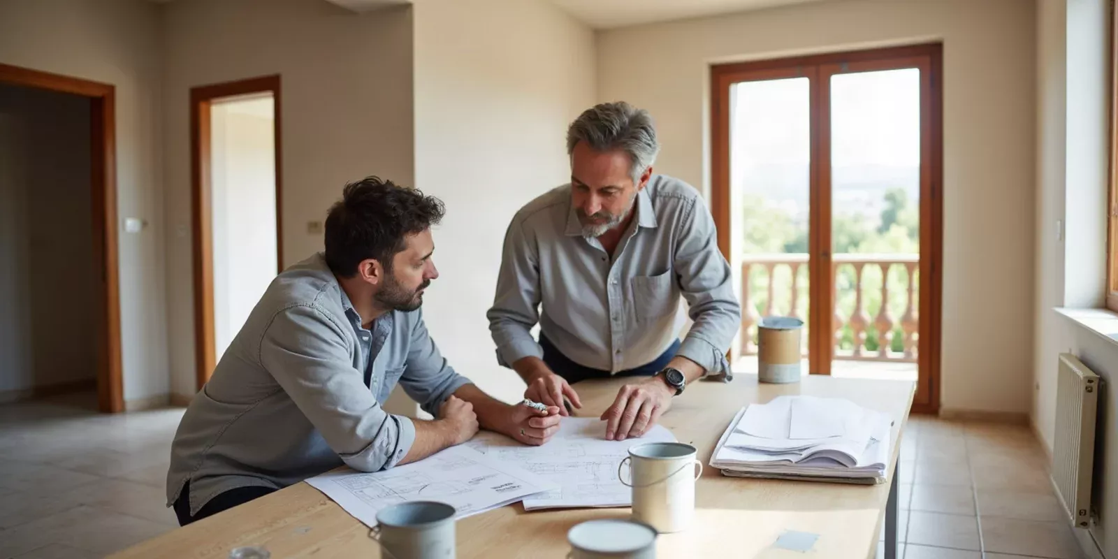 Reforma de una vivienda en Valencia: arquitecto y constructor revisando planos