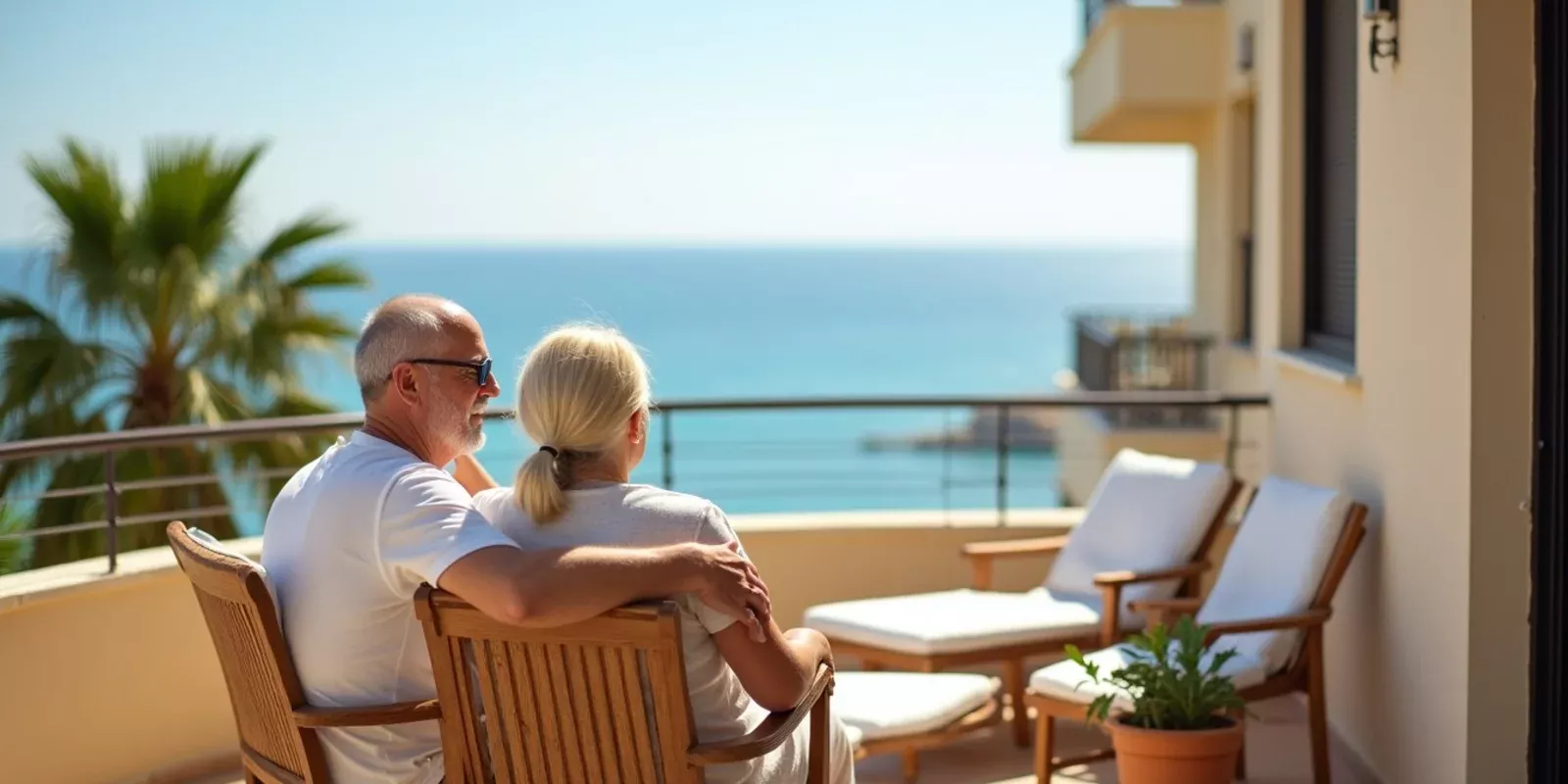 Pareja de jubilados extranjeros en una terraza con vistas al mar en la Costa Blanca