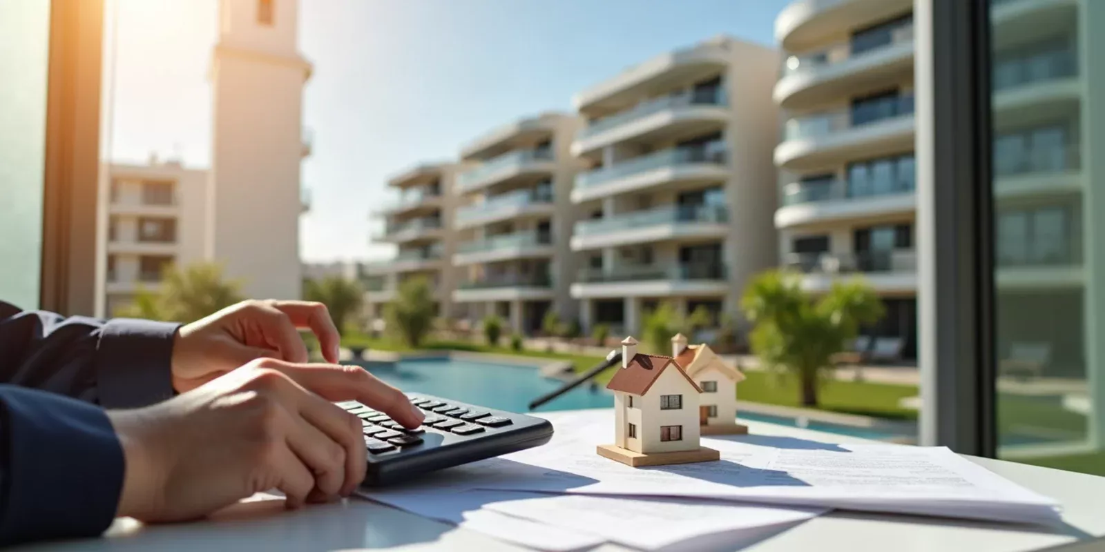 Edificio de apartamentos en Valencia y persona comparando precios de vivienda con calculadora