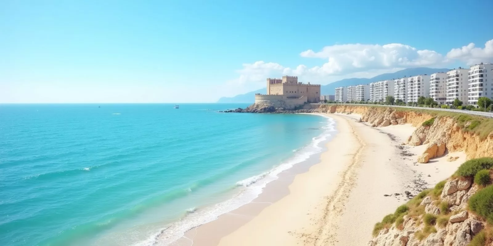 Plage de Cullera avec immeubles résidentiels sur la Costa Valenciana, Espagne