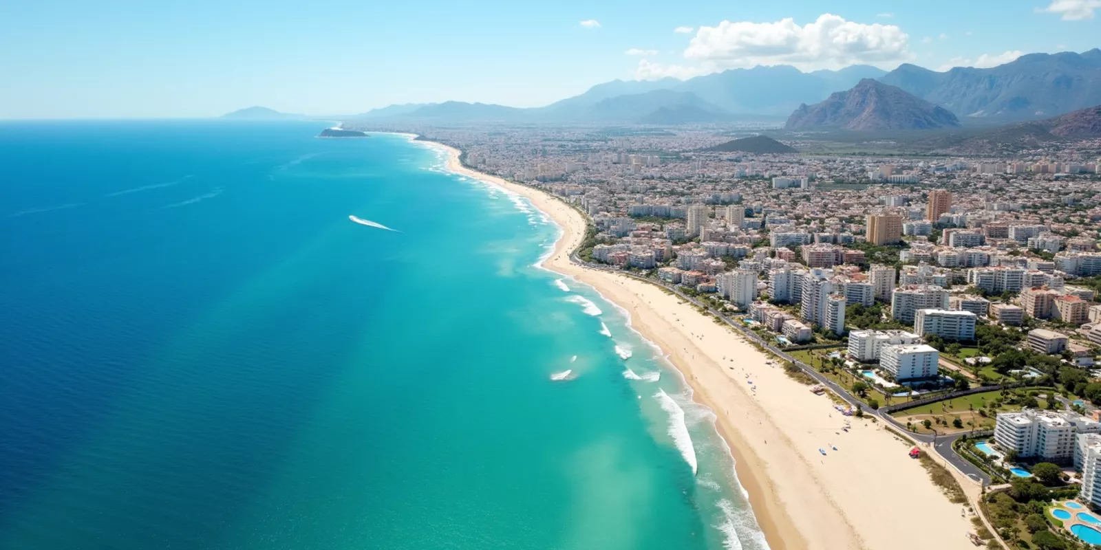 Vista aérea de la Costa Blanca con apartamentos residenciales frente al mar Mediterráneo, Alicante, España