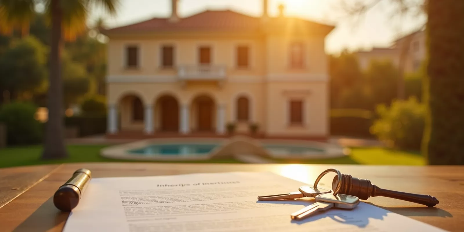 Villa mediterránea en Valencia con documento notarial y llaves, símbolo de herencia y testamento inmobiliario