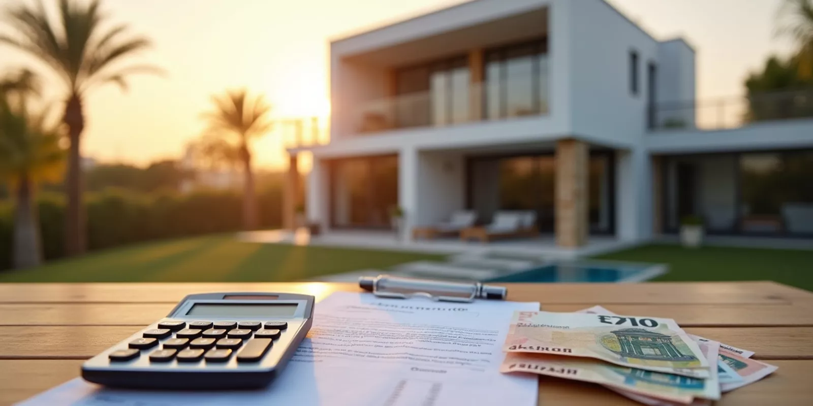 Vivienda moderna en la Costa Blanca con documentos notariales y billetes de euro, impuestos en la venta de una propiedad