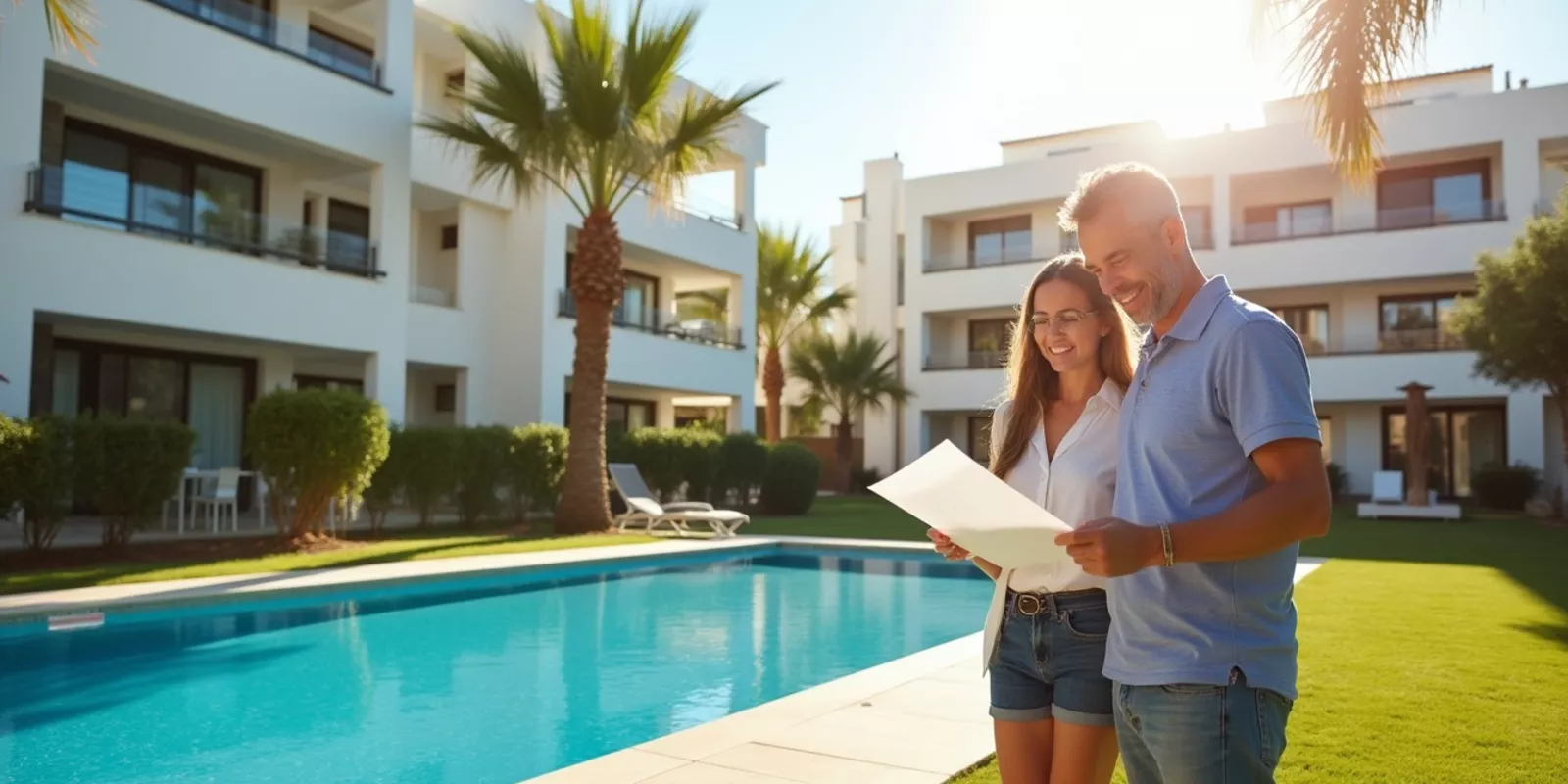 Comunidad de propietarios con piscina en la Costa Blanca, compradores extranjeros revisando documentos