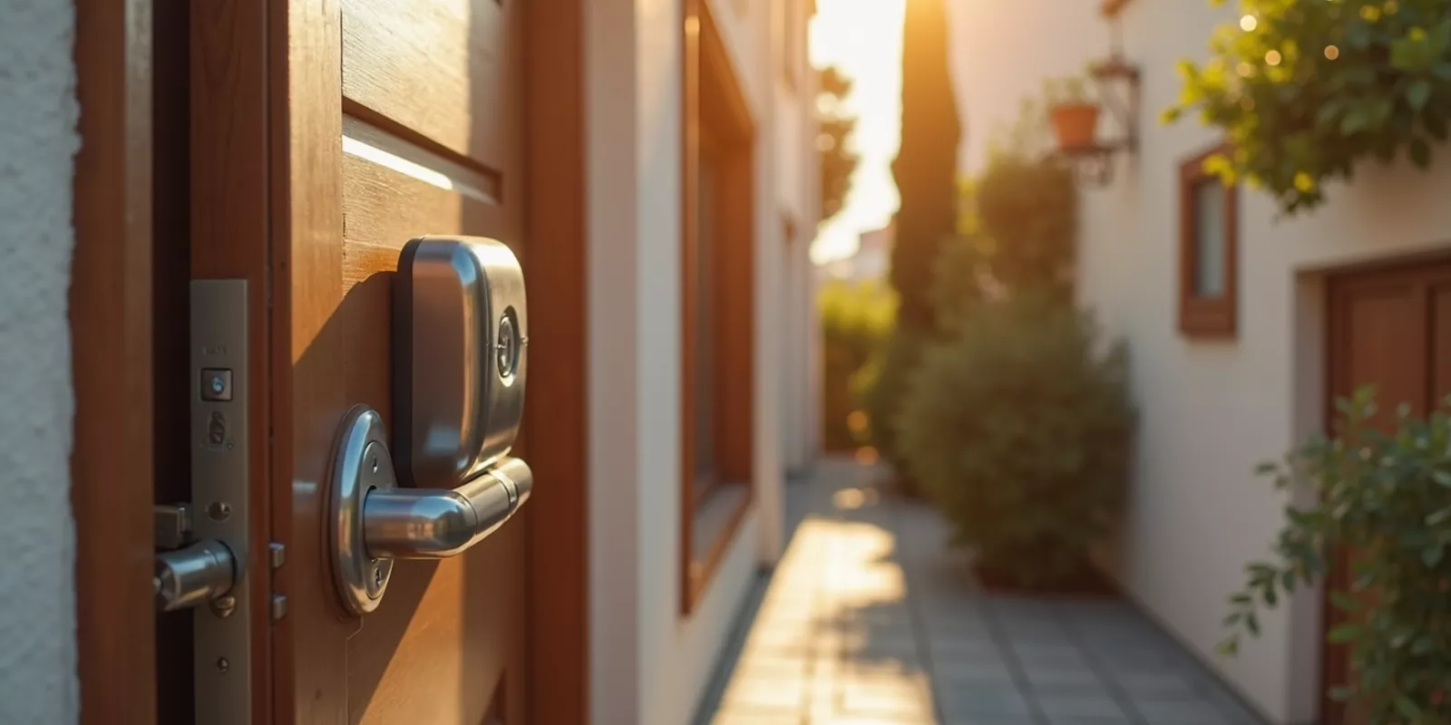 Cerradura de seguridad inteligente en la puerta de una vivienda en España, protección anti-okupación