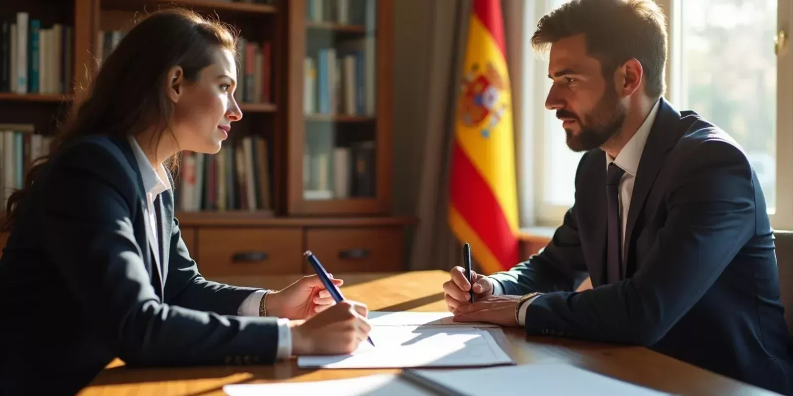 Intérprete ayudando a comprador extranjero a firmar la compraventa en la notaría en España
