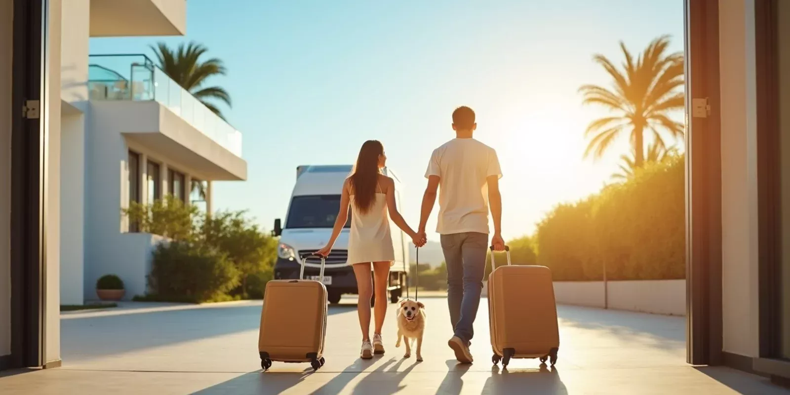 Mudanza internacional a España: familia con maletas y mascota llegando a su nueva vivienda en Valencia