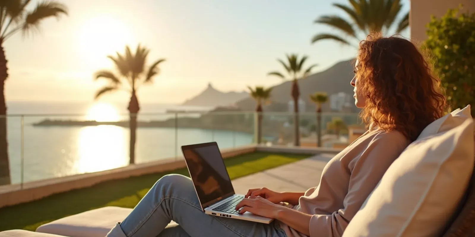 Nómada digital trabajando en remoto en una terraza con vistas al mar en la Costa Blanca, España