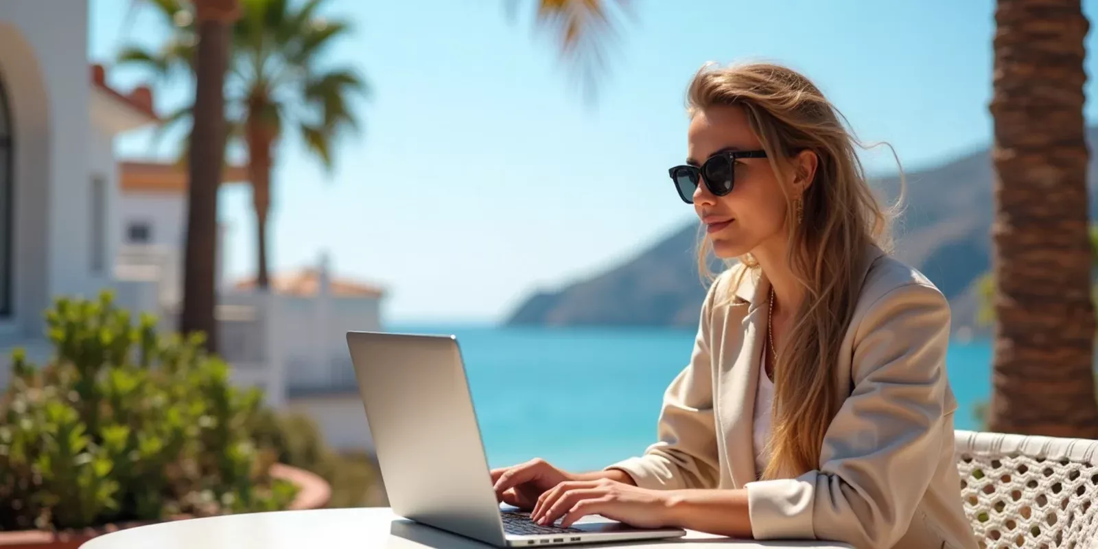 Nomade numérique travaillant à distance en terrasse en bord de mer sur la Costa Blanca, Espagne