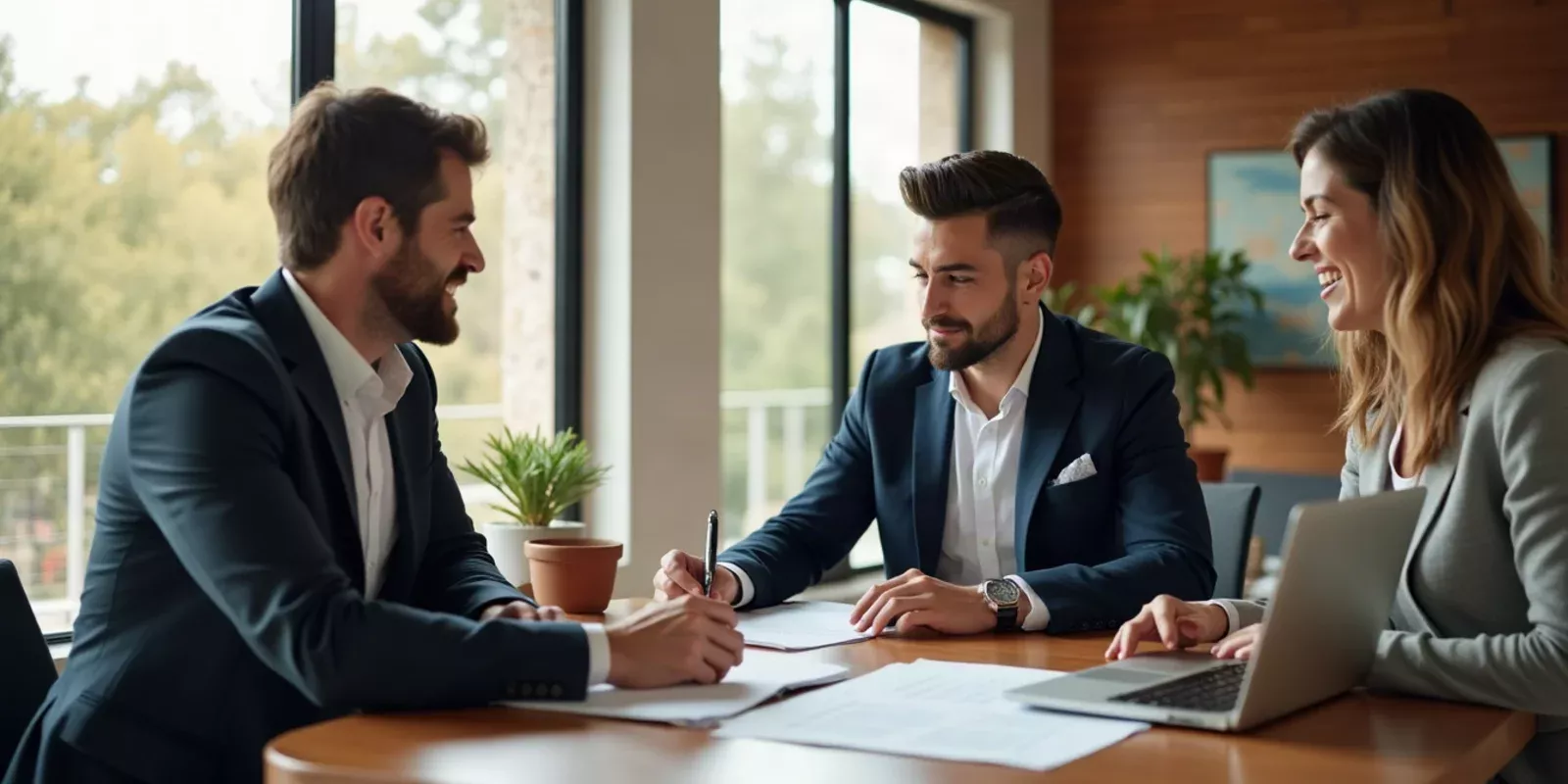 Abogado revisando documentos de compraventa con compradores extranjeros en España