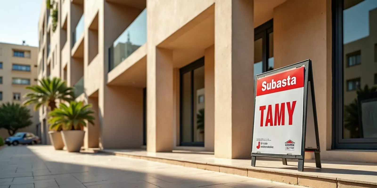 Cartel de subasta de vivienda en España, edificio moderno en la Costa Blanca