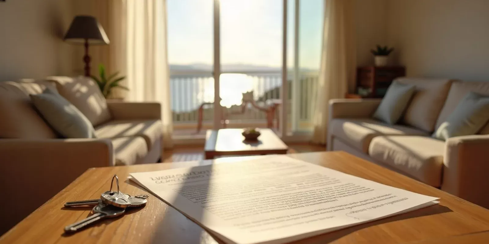 Alquiler de temporada en España, contrato y llaves sobre mesa con vistas al mar en la Costa Blanca