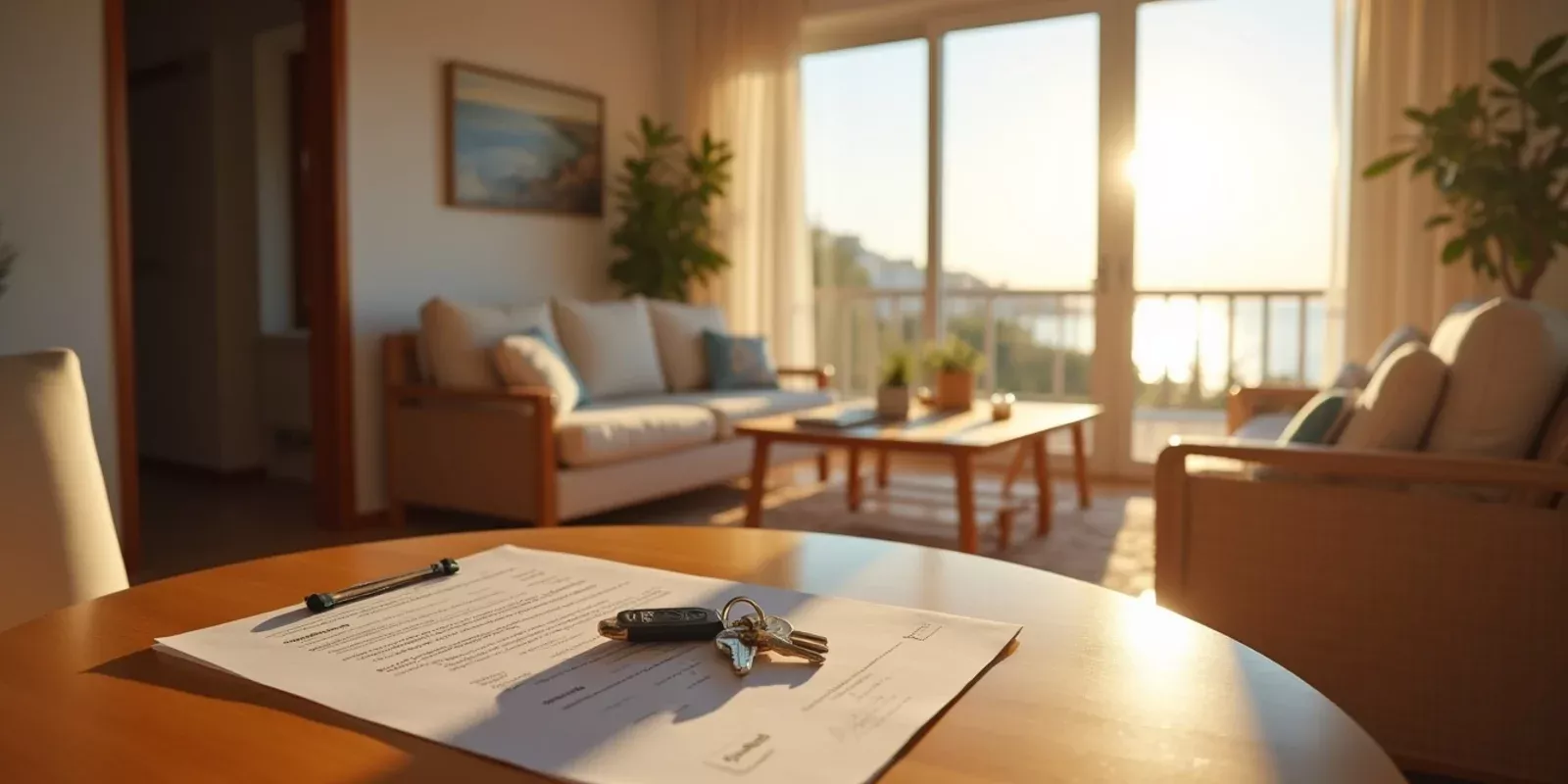 Location de temporada en Espagne, contrat et clés sur une table avec vue sur la mer à Alicante