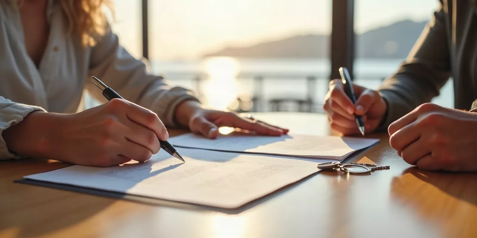 Pareja firmando un contrato de arras para comprar una vivienda en España