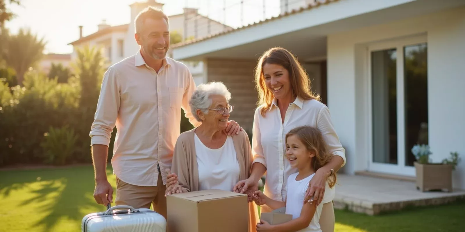 Famille etrangere devant sa villa a Alicante, Espagne - regroupement familial