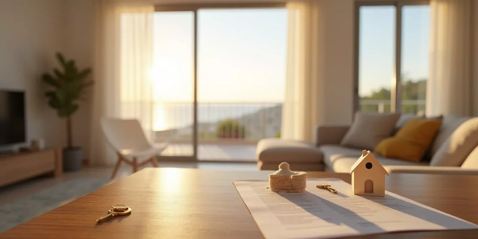 Salón moderno con vistas al Mediterráneo, llaves y maqueta de vivienda sobre una mesa, concepto de herencia y propiedad en España