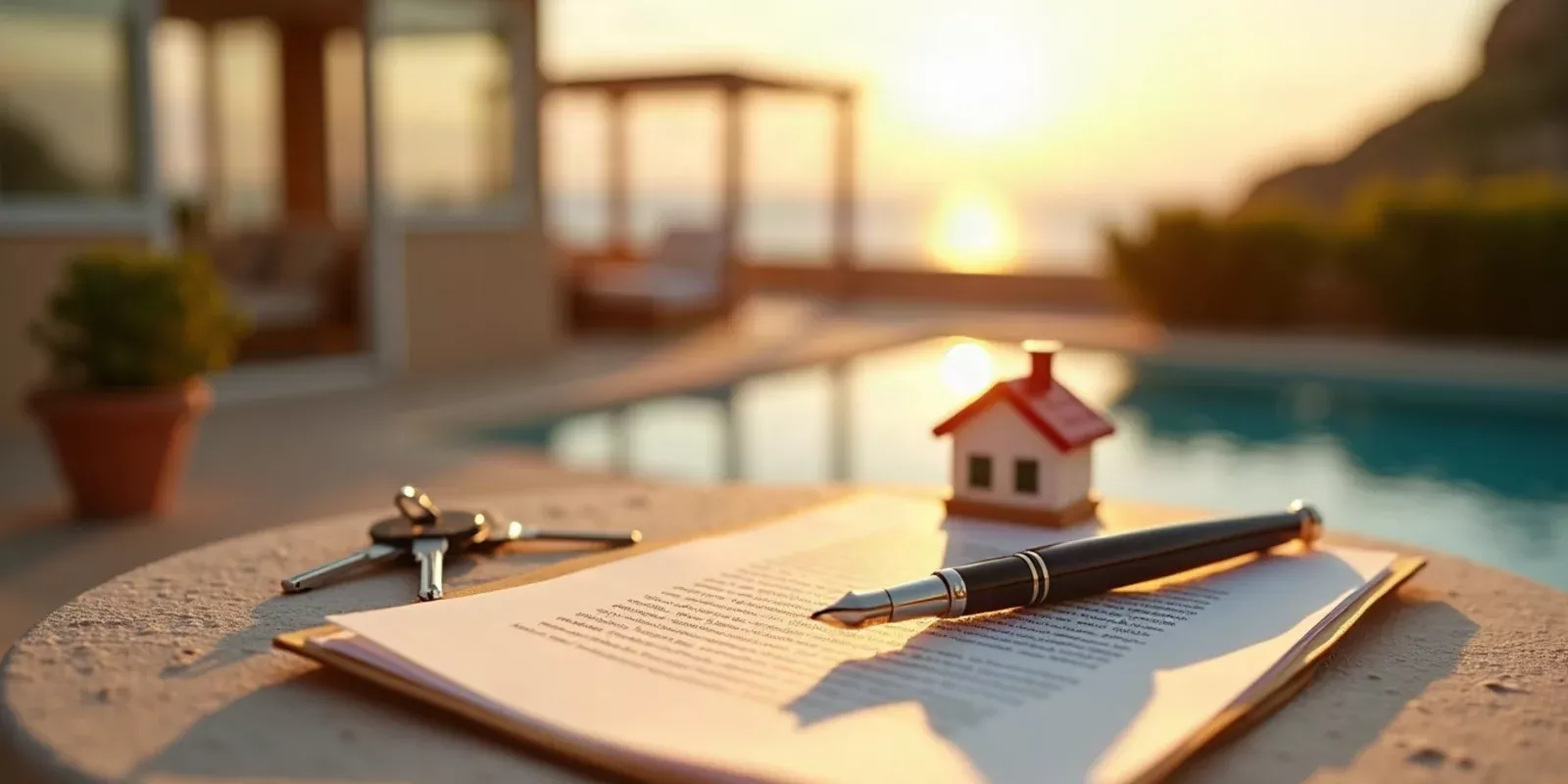 Terrasse méditerranéenne avec maquette de maison, clés et document notarié, concept d'héritage immobilier en Espagne